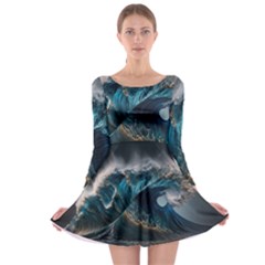 Tsunami Waves Ocean Sea Water Rough Seas 5 Long Sleeve Skater Dress by Pakemis