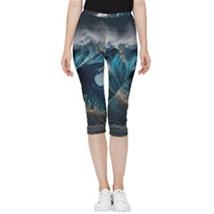 Tsunami Waves Ocean Sea Water Rough Seas 5 Inside Out Lightweight Velour Capri Leggings  by Pakemis