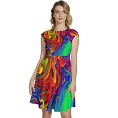 Waves Of Colorful Abstract Liquid Art Cap Sleeve High Waist Dress by GardenOfOphir