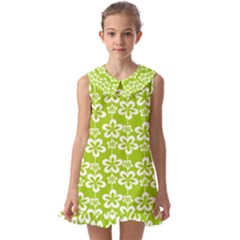 Lime Green Flowers Pattern Kids  Pilgrim Collar Ruffle Hem Dress by GardenOfOphir