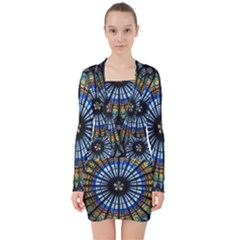 Mandala Floral Rose Window Strasbourg Cathedral France V-neck Bodycon Long Sleeve Dress by Semog4