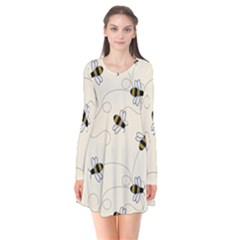 Insects Bees Digital Paper Long Sleeve V-neck Flare Dress by Semog4