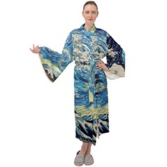 Starry Night Hokusai Vincent Van Gogh The Great Wave Off Kanagawa Maxi Velvet Kimono by Semog4