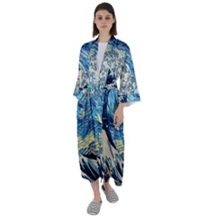 Starry Night Hokusai Vincent Van Gogh The Great Wave Off Kanagawa Maxi Satin Kimono by Semog4