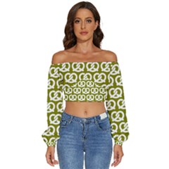 Olive Pretzel Illustrations Pattern Long Sleeve Crinkled Weave Crop Top by GardenOfOphir