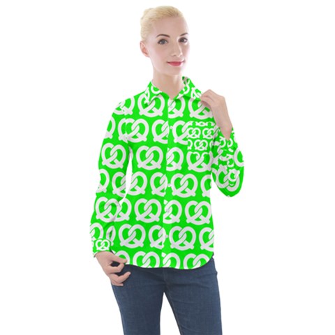 Neon Green Pretzel Illustrations Pattern Women s Long Sleeve Pocket Shirt by GardenOfOphir