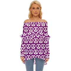 Purple Pretzel Illustrations Pattern Off Shoulder Chiffon Pocket Shirt by GardenOfOphir