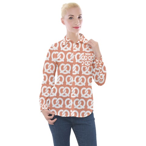 Salmon Pretzel Illustrations Pattern Women s Long Sleeve Pocket Shirt by GardenOfOphir