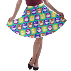 Colorful Whimsical Owl Pattern A-line Skater Skirt by GardenOfOphir