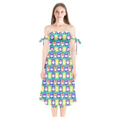 Colorful Whimsical Owl Pattern Shoulder Tie Bardot Midi Dress by GardenOfOphir