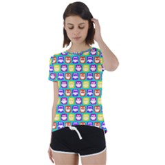 Colorful Whimsical Owl Pattern Short Sleeve Open Back Tee by GardenOfOphir