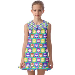 Colorful Whimsical Owl Pattern Kids  Pilgrim Collar Ruffle Hem Dress by GardenOfOphir