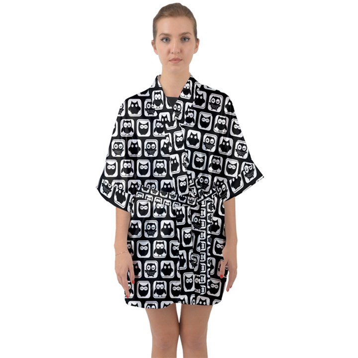 Black And White Owl Pattern Half Sleeve Satin Kimono 