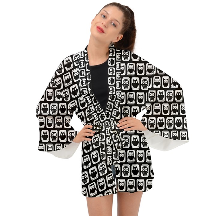 Black And White Owl Pattern Long Sleeve Kimono