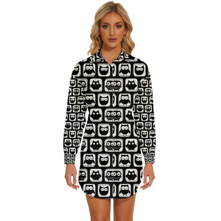 Black And White Owl Pattern Womens Long Sleeve Shirt Dress