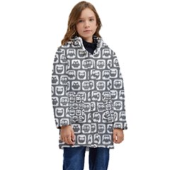 Gray And White Owl Pattern Kid s Hooded Longline Puffer Jacket by GardenOfOphir
