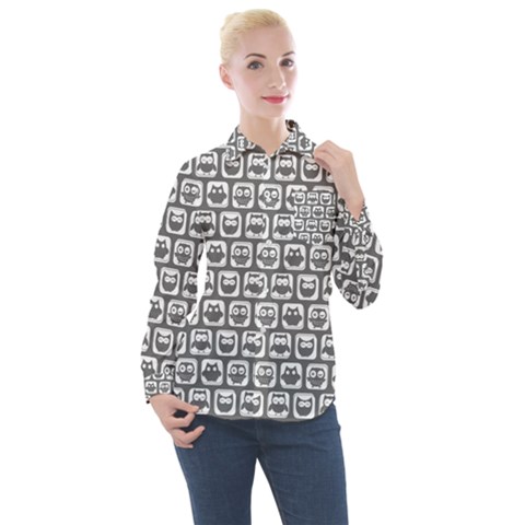Gray And White Owl Pattern Women s Long Sleeve Pocket Shirt by GardenOfOphir