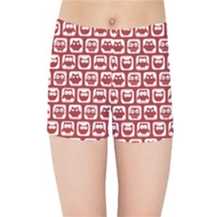 Red And White Owl Pattern Kids  Sports Shorts by GardenOfOphir