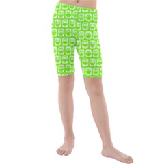 Lime Green And White Owl Pattern Kids  Mid Length Swim Shorts by GardenOfOphir