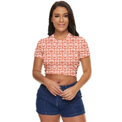 Coral And White Owl Pattern Side Button Cropped Tee by GardenOfOphir