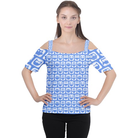 Blue And White Owl Pattern Cutout Shoulder Tee by GardenOfOphir