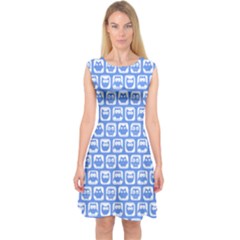 Blue And White Owl Pattern Capsleeve Midi Dress by GardenOfOphir