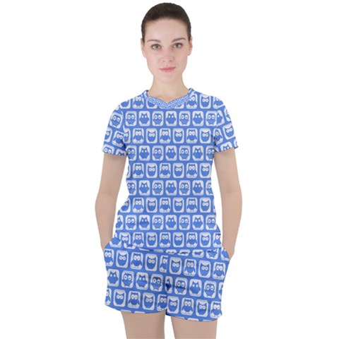 Blue And White Owl Pattern Women s Tee And Shorts Set by GardenOfOphir