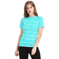 Aqua Turquoise And White Owl Pattern Women s Short Sleeve Rash Guard