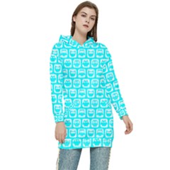 Aqua Turquoise And White Owl Pattern Women s Long Oversized Pullover Hoodie by GardenOfOphir