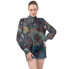 Ai Generated Flower Trees Forest Mystical Forest High Neck Long Sleeve Chiffon Top