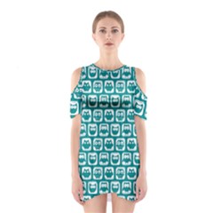 Teal And White Owl Pattern Shoulder Cutout One Piece Dress by GardenOfOphir