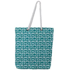 Teal And White Owl Pattern Full Print Rope Handle Tote (large) by GardenOfOphir