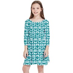 Teal And White Owl Pattern Kids  Quarter Sleeve Skater Dress by GardenOfOphir