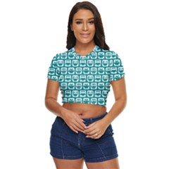Teal And White Owl Pattern Side Button Cropped Tee by GardenOfOphir