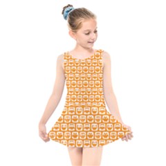 Yellow And White Owl Pattern Kids  Skater Dress Swimsuit by GardenOfOphir