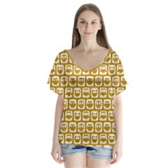 Olive And White Owl Pattern V-neck Flutter Sleeve Top by GardenOfOphir