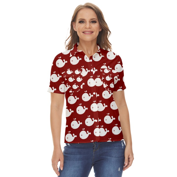 Cute Whale Illustration Pattern Women s Short Sleeve Double Pocket Shirt