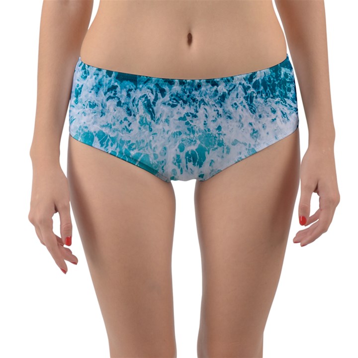 Tropical Blue Ocean Wave Reversible Mid-Waist Bikini Bottoms