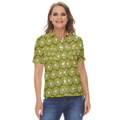 Gerbera Daisy Vector Tile Pattern Women s Short Sleeve Double Pocket Shirt by GardenOfOphir