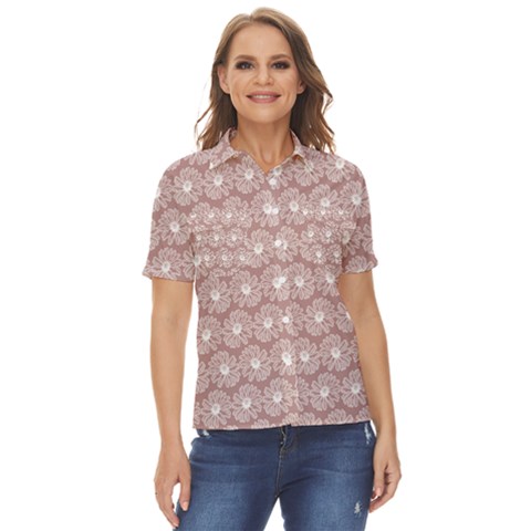 Gerbera Daisy Vector Tile Pattern Women s Short Sleeve Double Pocket Shirt by GardenOfOphir