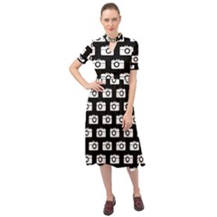 Modern Chic Vector Camera Illustration Pattern Keyhole Neckline Chiffon Dress