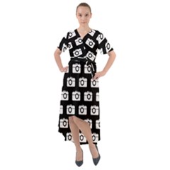 Modern Chic Vector Camera Illustration Pattern Front Wrap High Low Dress