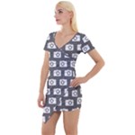 Modern Chic Vector Camera Illustration Pattern Short Sleeve Asymmetric Mini Dress
