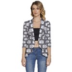 Modern Chic Vector Camera Illustration Pattern Women s 3/4 Sleeve Ruffle Edge Open Front Jacket