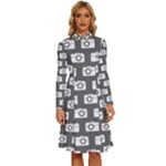 Modern Chic Vector Camera Illustration Pattern Long Sleeve Shirt Collar A-Line Dress