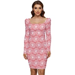 Coral Pink Gerbera Daisy Vector Tile Pattern Women Long Sleeve Ruched Stretch Jersey Dress by GardenOfOphir