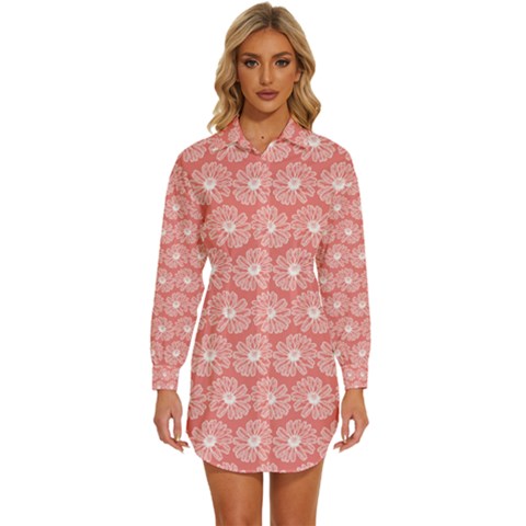 Coral Pink Gerbera Daisy Vector Tile Pattern Womens Long Sleeve Shirt Dress by GardenOfOphir