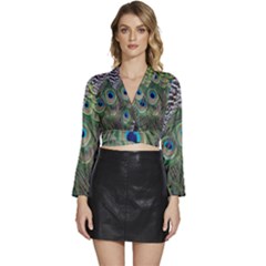 Peacock Bird Feather Colourful Long Sleeve Tie Back Satin Wrap Top