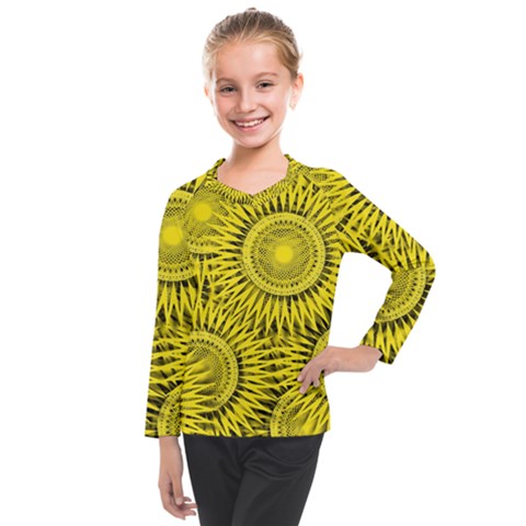 Abstract Sun Pattern Yellow Background Kids  Long Mesh Tee by Jancukart