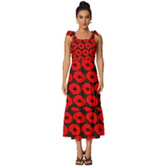 Charcoal And Red Peony Flower Pattern Tie-strap Tiered Midi Chiffon Dress by GardenOfOphir